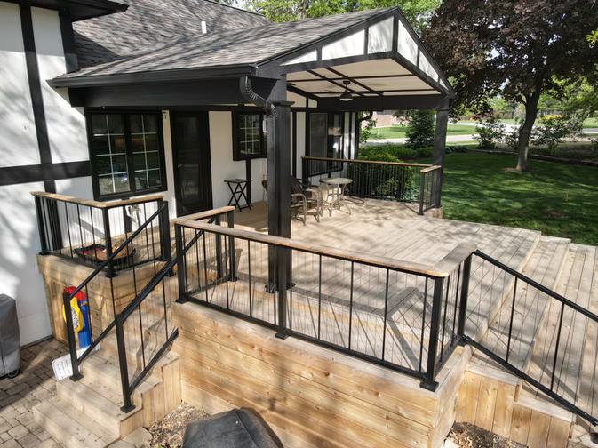 Roof and cedar deck with aluminum cable railing
